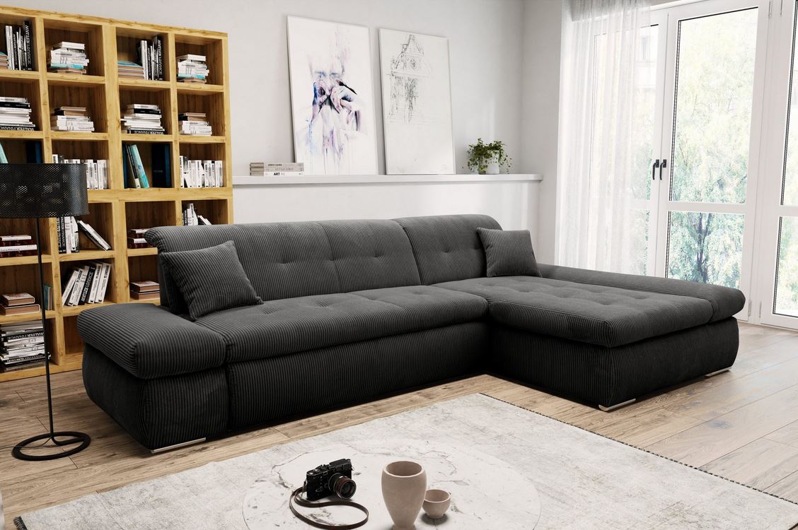 Ecksofa Moric Cord Grau mit Schlaffunktion und Armteilverstellung, Cordsofa, Cordschlafsofa, Couch grau.