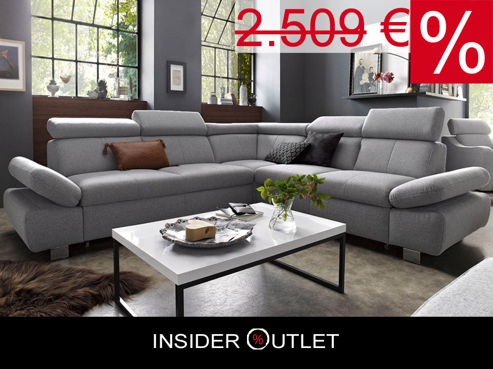 Ecksofa in grau mit Schlaffunktion und Bettkasten Sofa Happy, Couch sofort lieferbar.