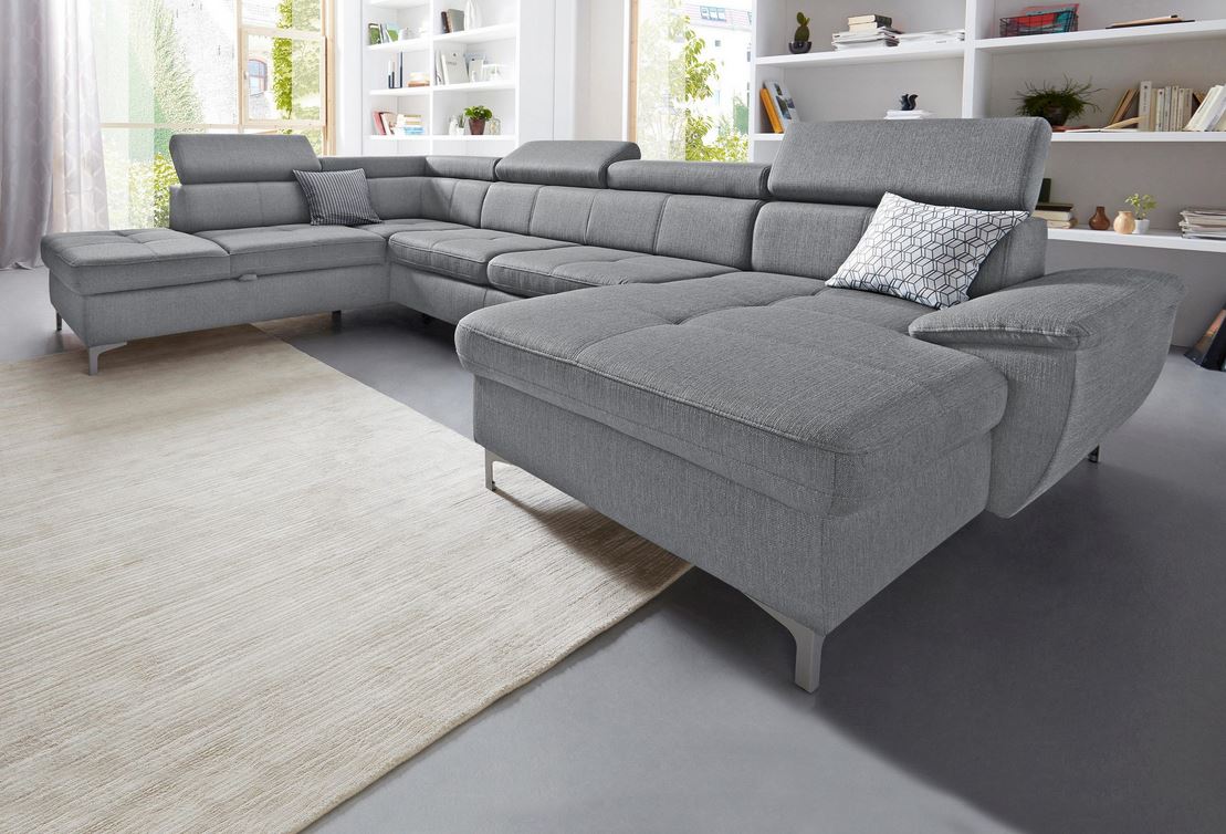 Wohnlandschaft Azzano 340x232 cm U-Form Grau Strukturbezug mit Kopfteilverstellung.