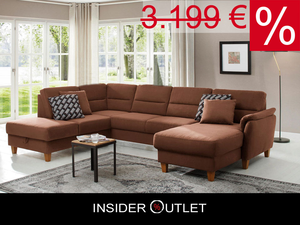 Schicke Wohnlandschaft, Sofa Palmera mit Schlaffunktion und Federkern in pflegeleichtem Microfaser in braun, u-form ist jetzt sofort verfügbar.