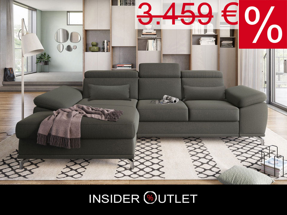 Ecksofa Fango Grau mit Schlaffunktion, Bettkasten, Federkern, Sitztiefenverstellung und Kopfteilverstellung in Luxus-Microfaser im Skandi Design jetzt reduziert im Angebot kaufen.