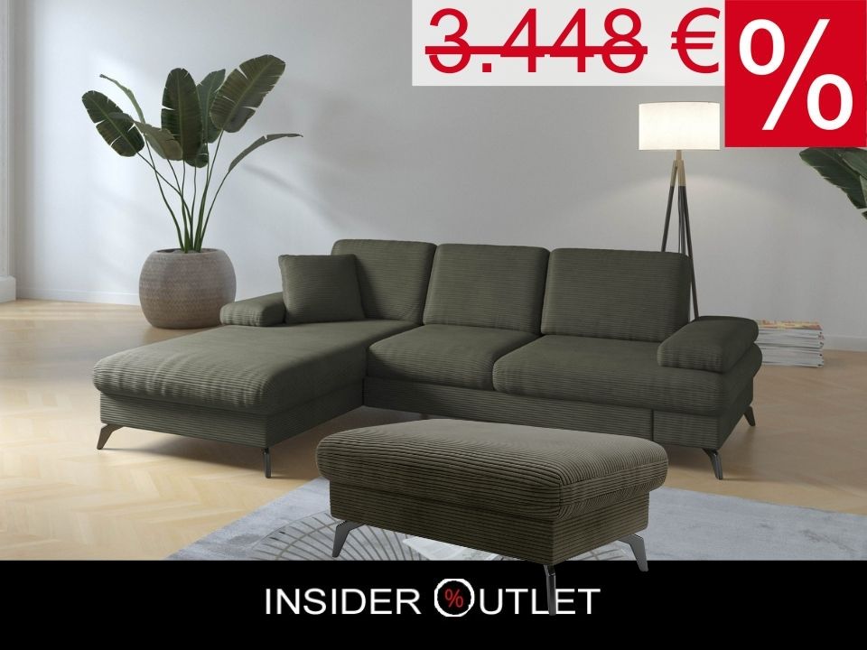 Kleines Cord Ecksofa in Olive Grün mit Hocker und Schlaffunktion im Skandi Design jetzt reduziert im Angebot kaufen.