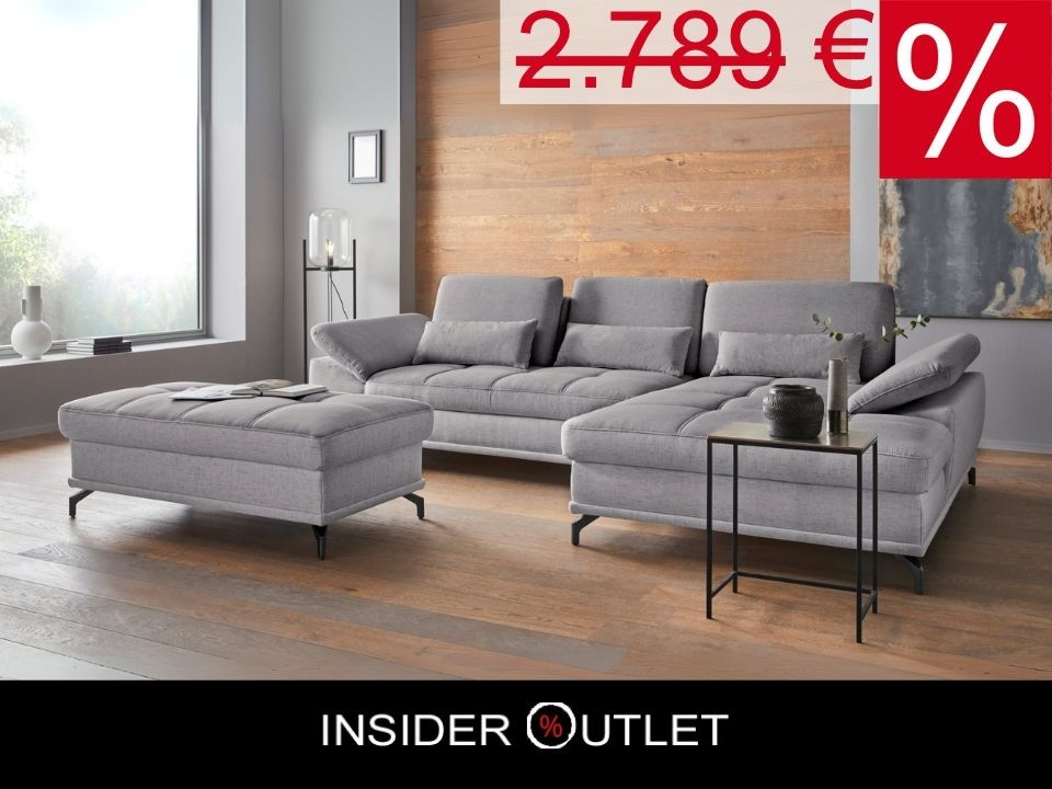 Ecksofa + Hocker 301x176cm Grau Federkern, Sitztiefenverstellung B-Ware OTR