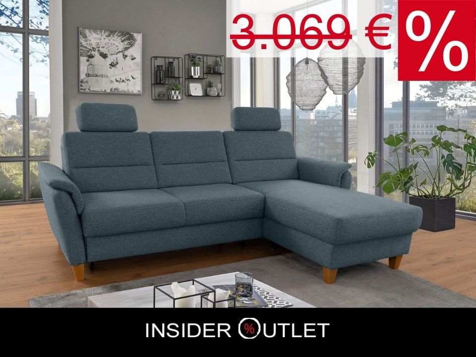 Kleines Ecksofa Grau Blau mit Schlaffunktion, Bettkasten und Federkern Couch Palmera jetzt reduziert im Angebot kaufen.