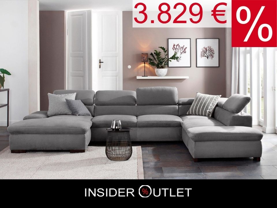 Wohnlandschaft 350 cm Schlaffunktion Grau Luxus-Microfaser B-Ware