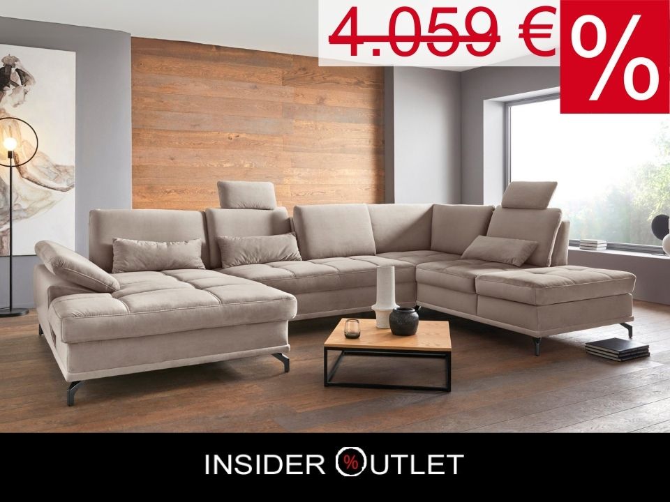 Wohnlandschaft Samt Beige mit Federkern und Sitztiefenverstellung im Skandi Design mit filgranen Füßen, Costello jetzt reduziert im Angebot bestellen.