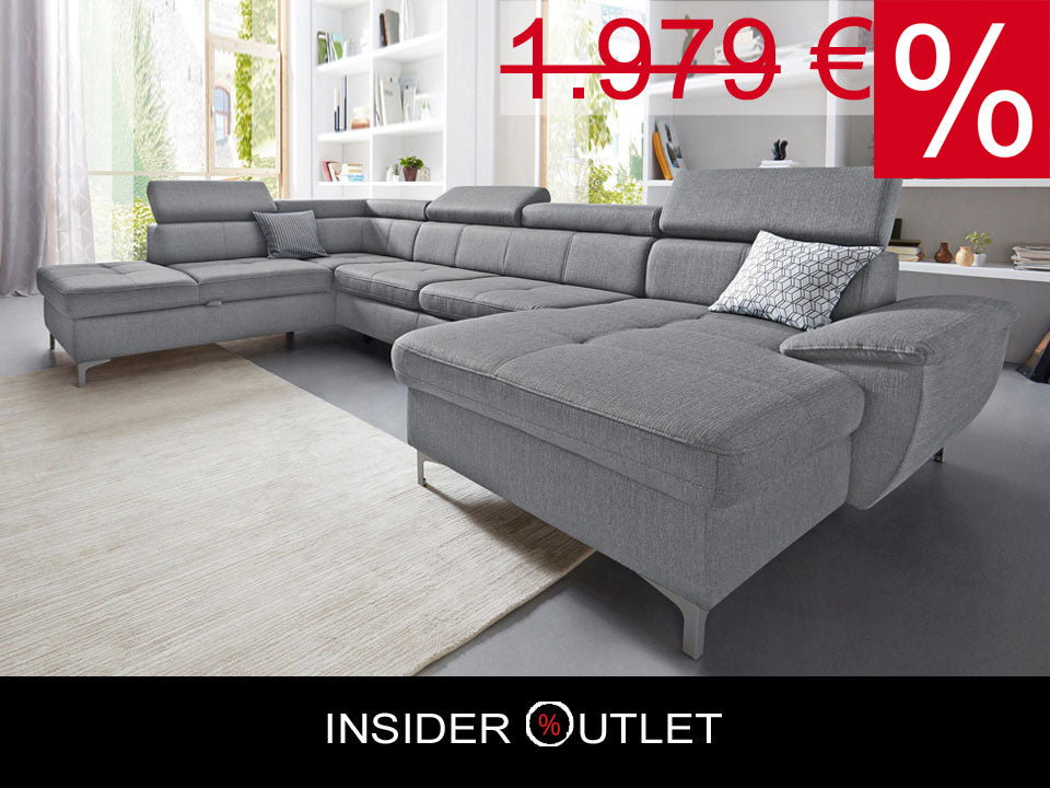 Wohnlandschaft Azzano 340x232 cm U-Form Grau Strukturbezug mit Kopfteilverstellung.