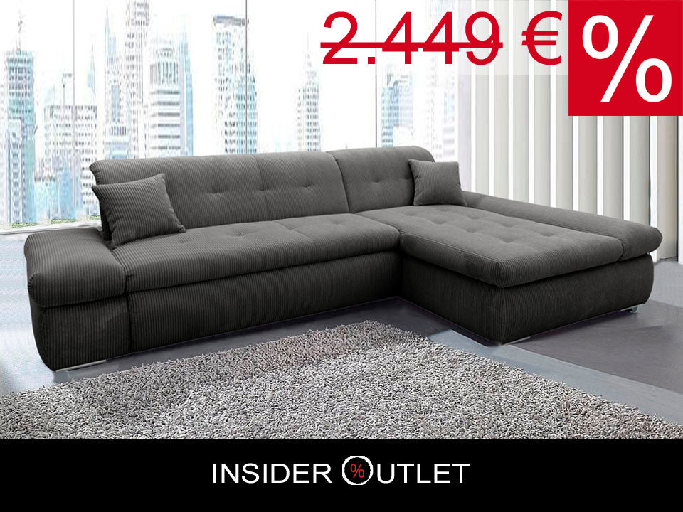 Ecksofa Moric Cord Grau mit Schlaffunktion und Armteilverstellung, Cordsofa, Cordschlafsofa, Couch grau.