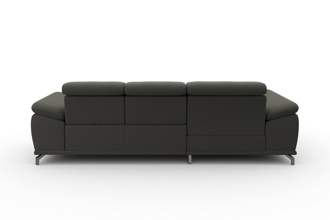 Ecksofa Fango Grau mit Schlaffunktion, Bettkasten, Federkern, Sitztiefenverstellung und Kopfteilverstellung in Luxus-Microfaser, Rücken echt bezogen.