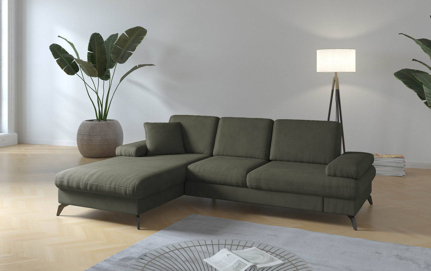 Kleines Cord Ecksofa in Olive Grün mit Hocker und Schlaffunktion im Skandi Design jetzt reduziert im Angebot kaufen.