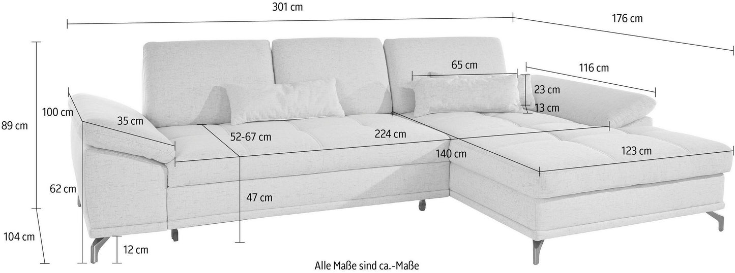 Ecksofa + Hocker 301x176cm Grau Federkern, Sitztiefenverstellung B-Ware OTR
