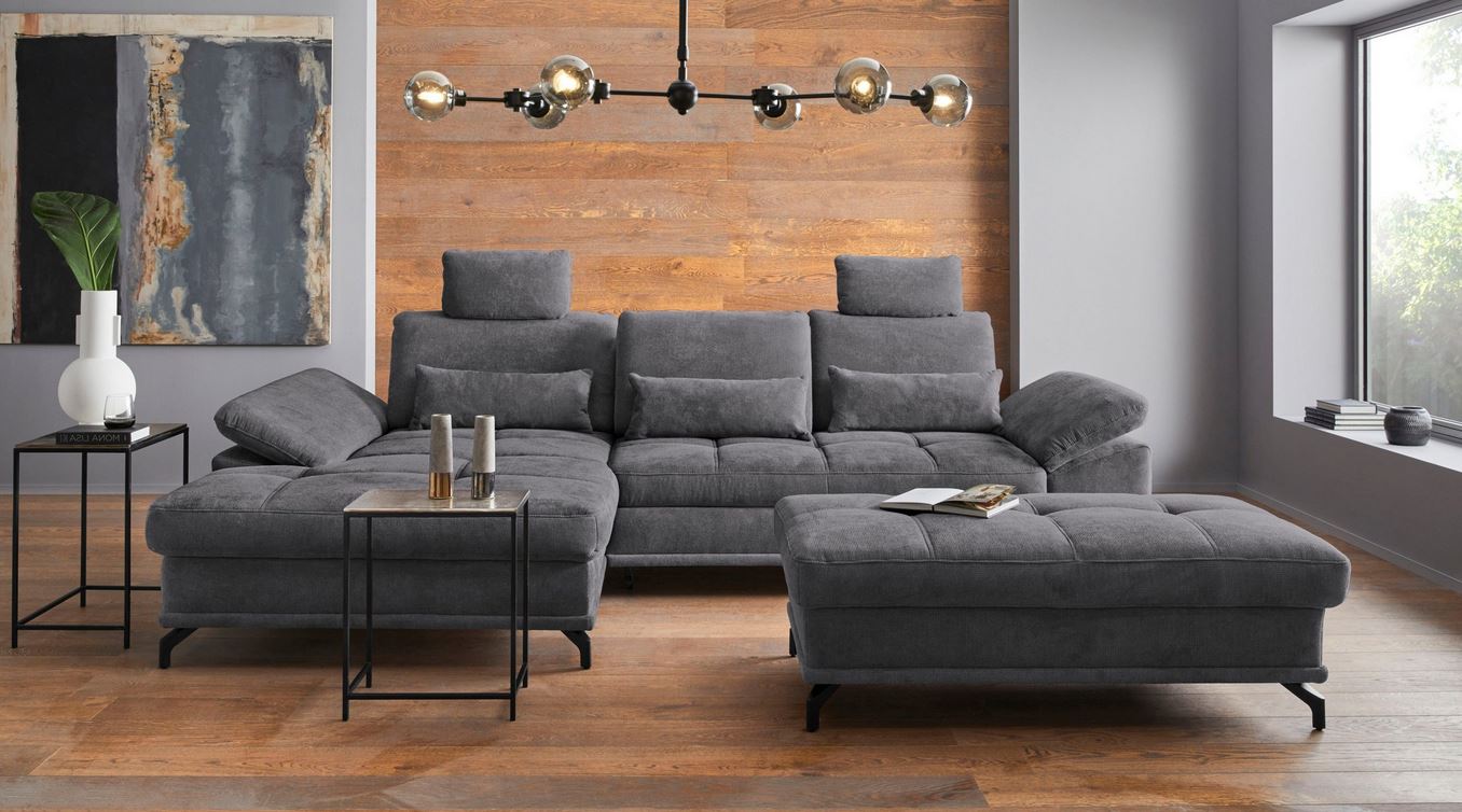 Ecksofa Costello Grau mit Sitztiefenverstellung und Federkern reduziert.