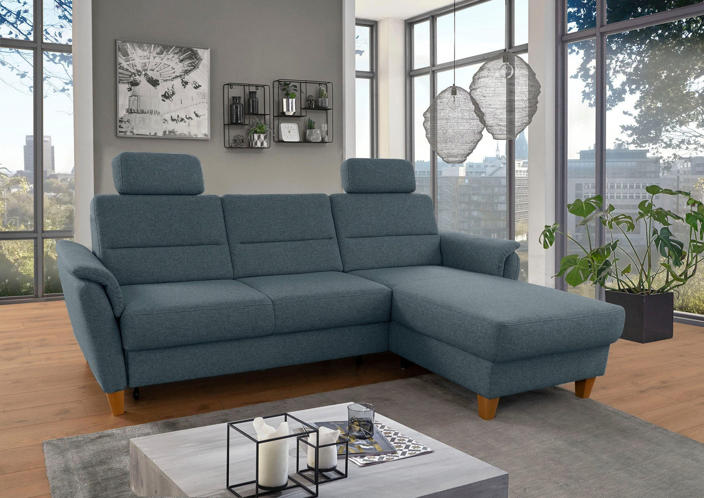 Kleines Ecksofa Grau Blau mit Schlaffunktion, Bettkasten und Federkern Couch Palmera jetzt reduziert im Angebot kaufen.