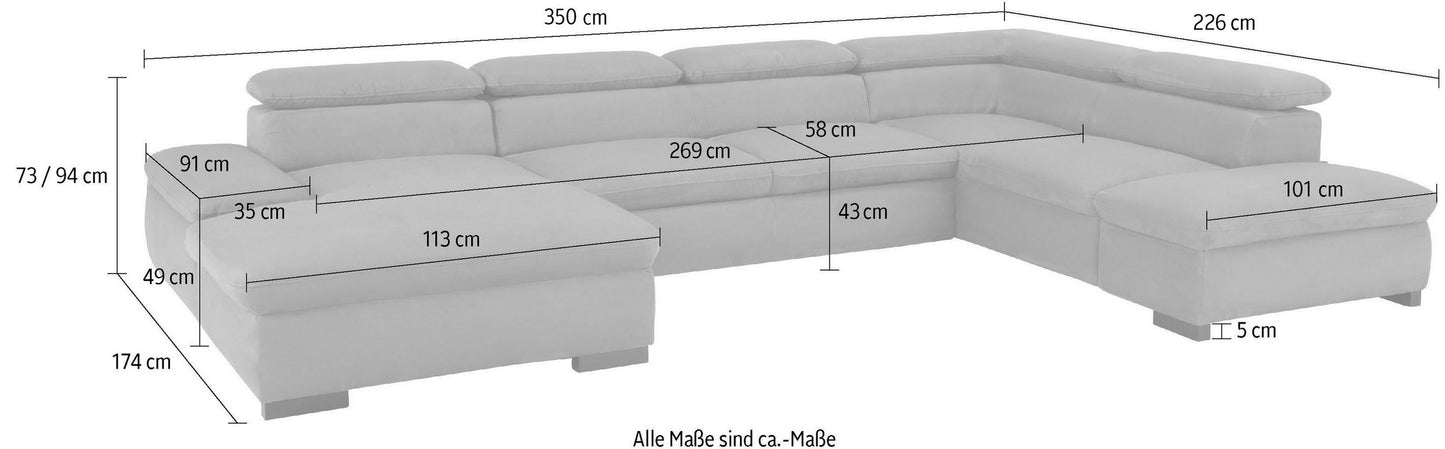 Wohnlandschaft 350 cm Schlaffunktion Grau Luxus-Microfaser B-Ware