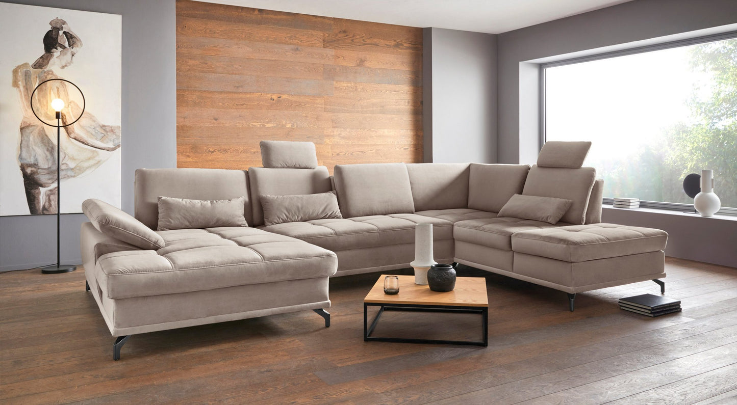 Wohnlandschaft Samt Beige mit Schlaffunktion, Bettkasten, Federkern und Sitztiefenverstellung im Skandi Design mit filgranen Füßen, SofalandschaftCostello.