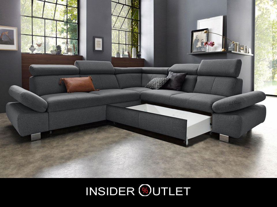 Ecksofa Grau Anthrazit mit Schlaffunktion, Bettkasten, Kopfteil- und Armteilverstellung, Couch Happy.