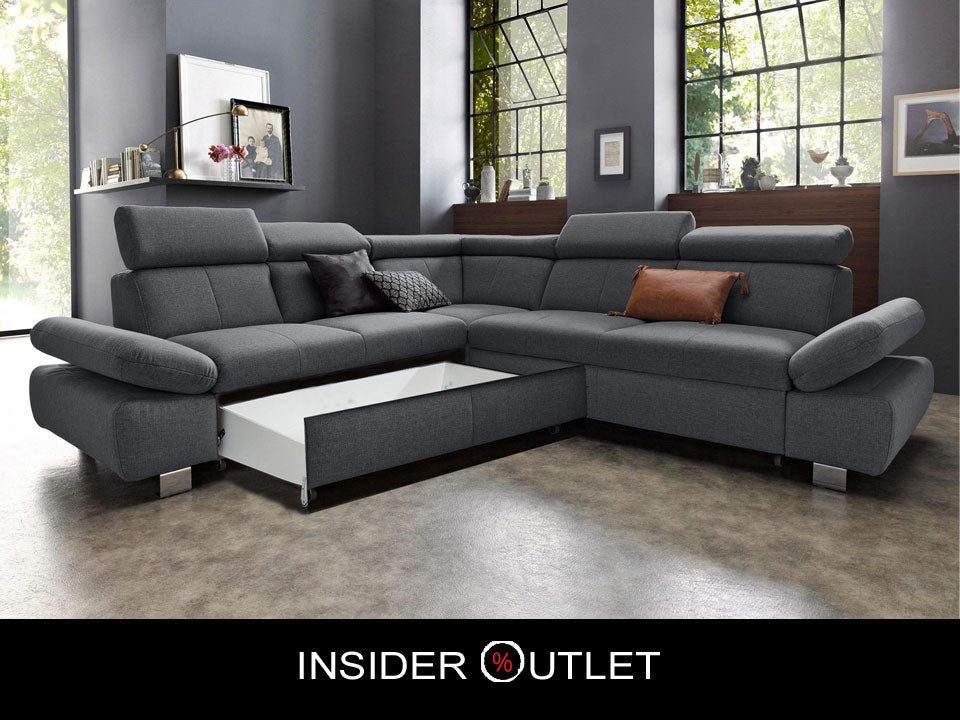 Ecksofa mit Schlaffunktion und Bettkasten sofort lieferbar in Grau Ecksofa Happy.
