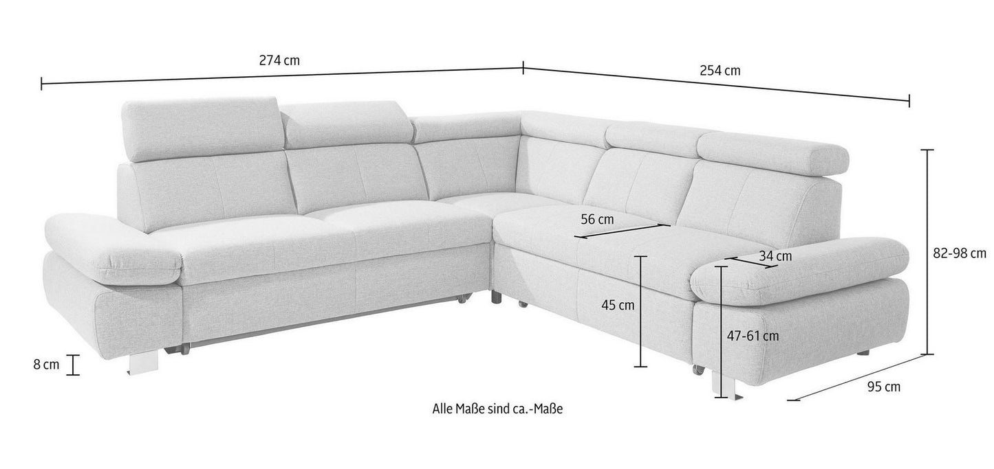 Ecksofa in grau mit Schlaffunktion und Bettkasten Sofa Happy, Couch sofort lieferbar.