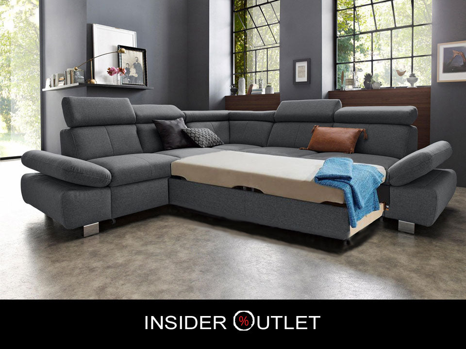 Ecksofa mit Schlaffunktion und Bettkasten sofort lieferbar in Grau Ecksofa Happy.