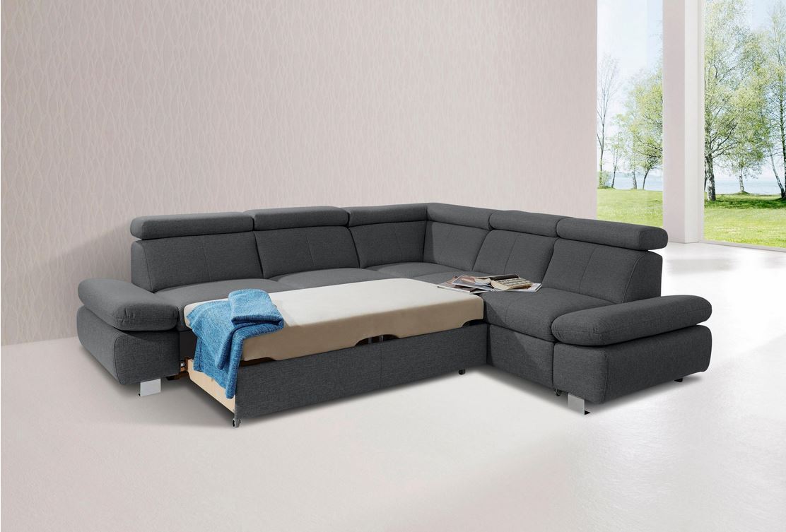 Ecksofa Grau Anthrazit mit Schlaffunktion, Bettkasten, Kopfteil- und Armteilverstellung, Couch Happy.