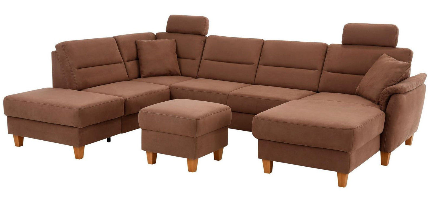 Schicke Wohnlandschaft, Sofa Palmera mit Schlaffunktion und Federkern in pflegeleichtem Microfaser in braun, u-form ist jetzt sofort verfügbar.