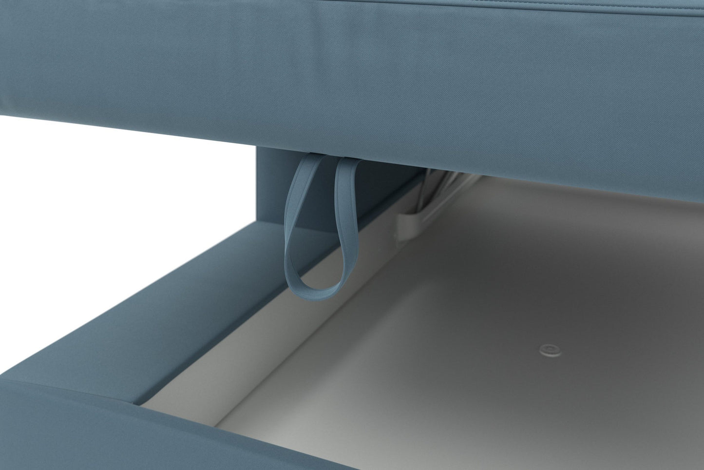 Ecksofa Olsen in Pacific Blau mit Schlaffunktion, Bettkasten, Federkern und Sitztiefenverstellung in pflegeleichtem Flachgewebebezug.