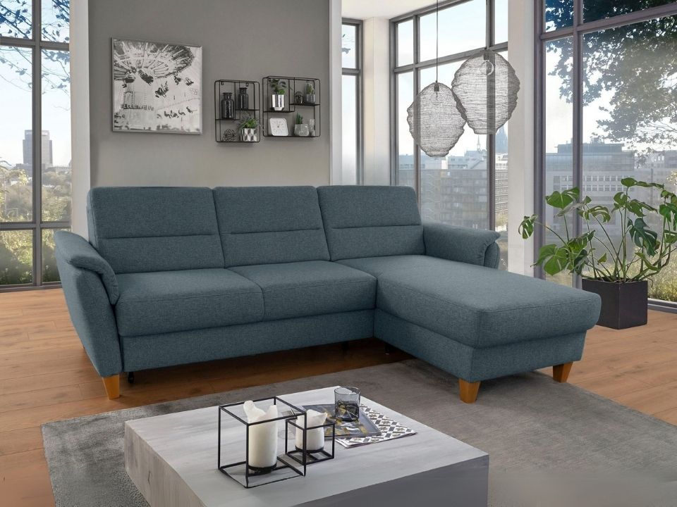 Kleines Ecksofa Grau Blau mit Schlaffunktion, Bettkasten und Federkern Couch Palmera jetzt reduziert im Angebot kaufen.