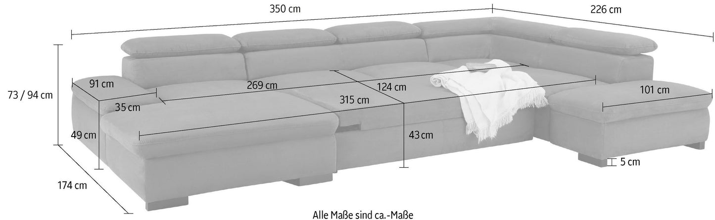 Wohnlandschaft 350 cm Schlaffunktion Grau Luxus-Microfaser B-Ware