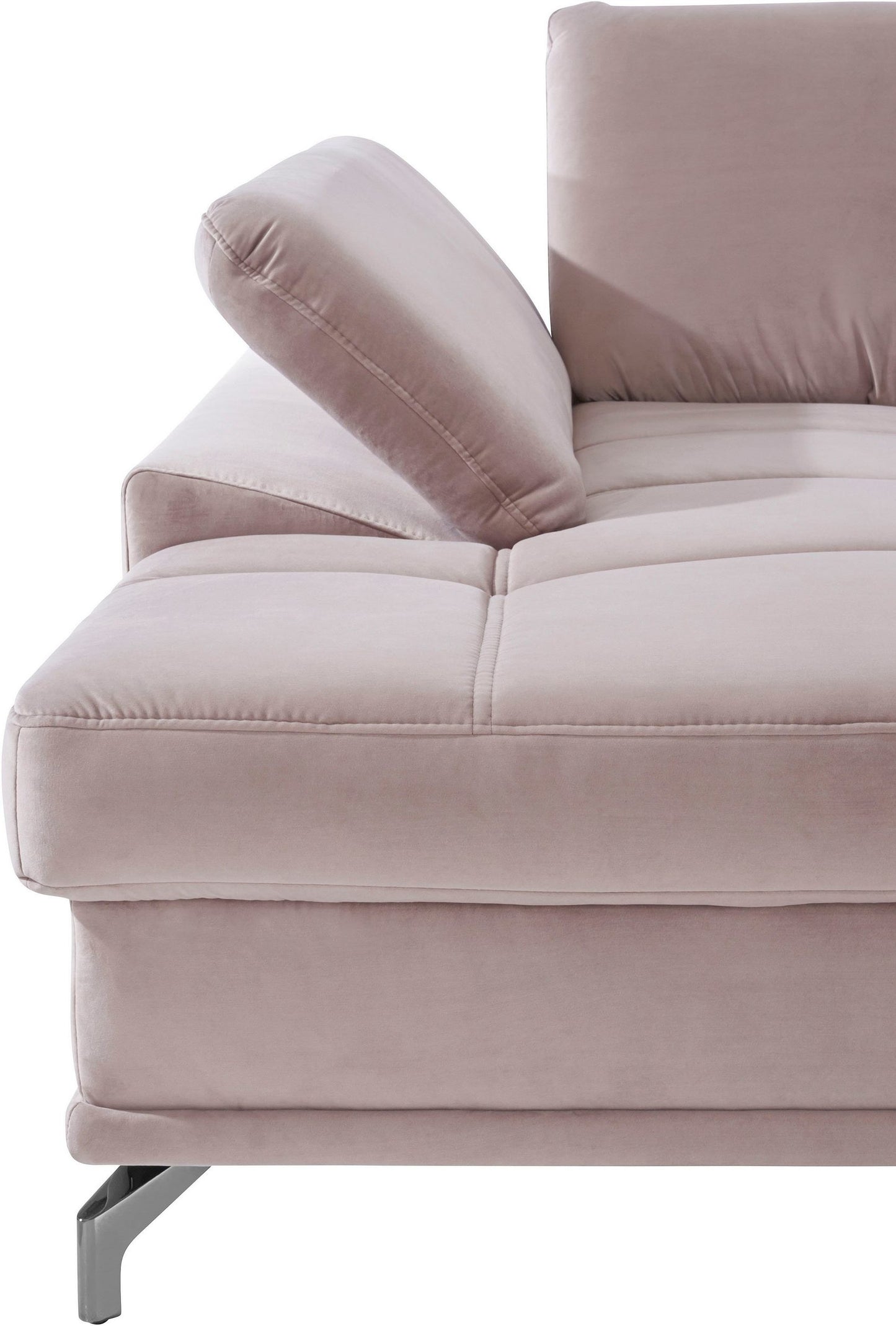 Wohnlandschaft Samt Beige mit Schlaffunktion, Bettkasten, Federkern und Sitztiefenverstellung im Skandi Design mit filgranen Füßen, SofalandschaftCostello.