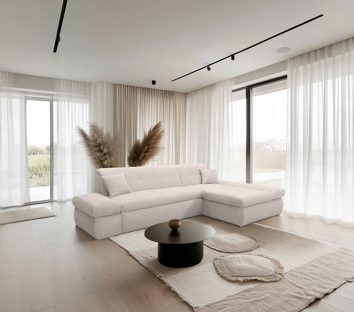 XL Ecksofa London Cord Beige 300x172 cm mit Schlaffunktion und Armteilverstellung Cordsofa Schlafsofa OTR