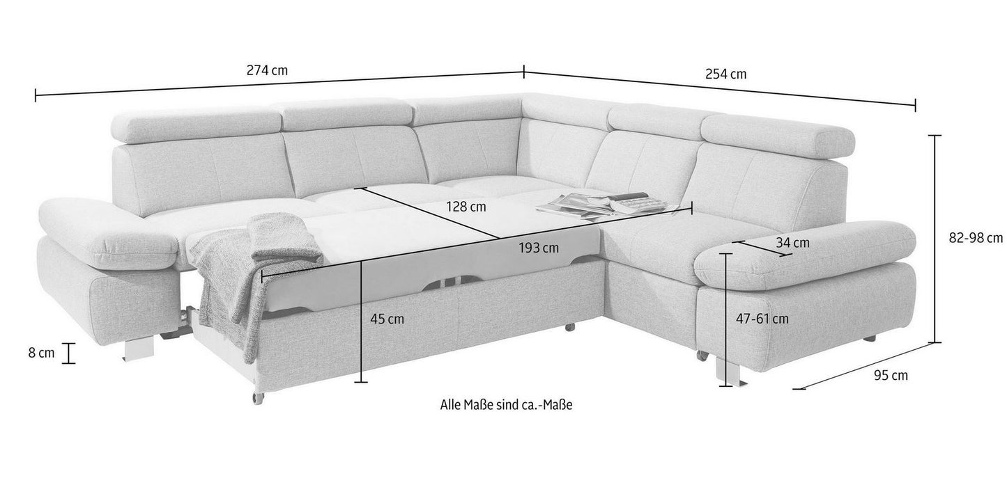 Ecksofa in grau mit Schlaffunktion und Bettkasten Sofa Happy, Couch sofort lieferbar.