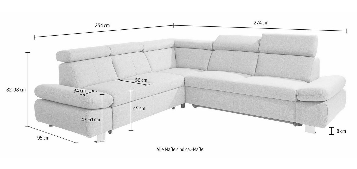 Ecksofa Grau 254x274 cm mit Schlaffunktion, Bettkasten, Armteil- und Kopfteilverstellung Happy Couch OTL - 06