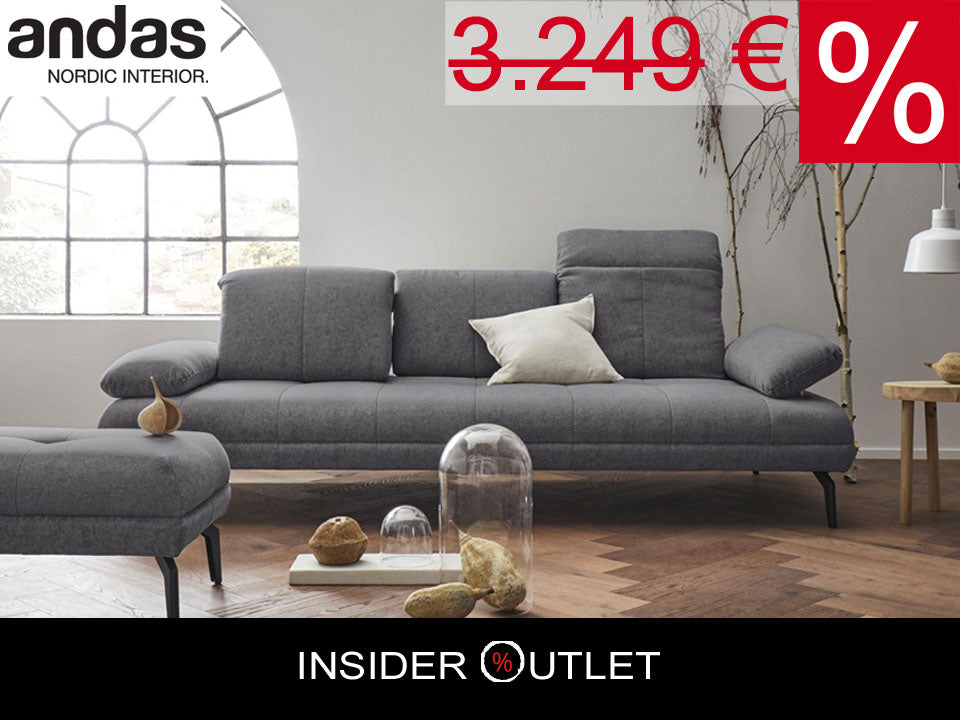 Designer Sofa Grau Stenlille 3-Sitzer Couch mit Sitztiefenverstellung, Kopfteilverstellung und Armteilverstellung in Microfaser.