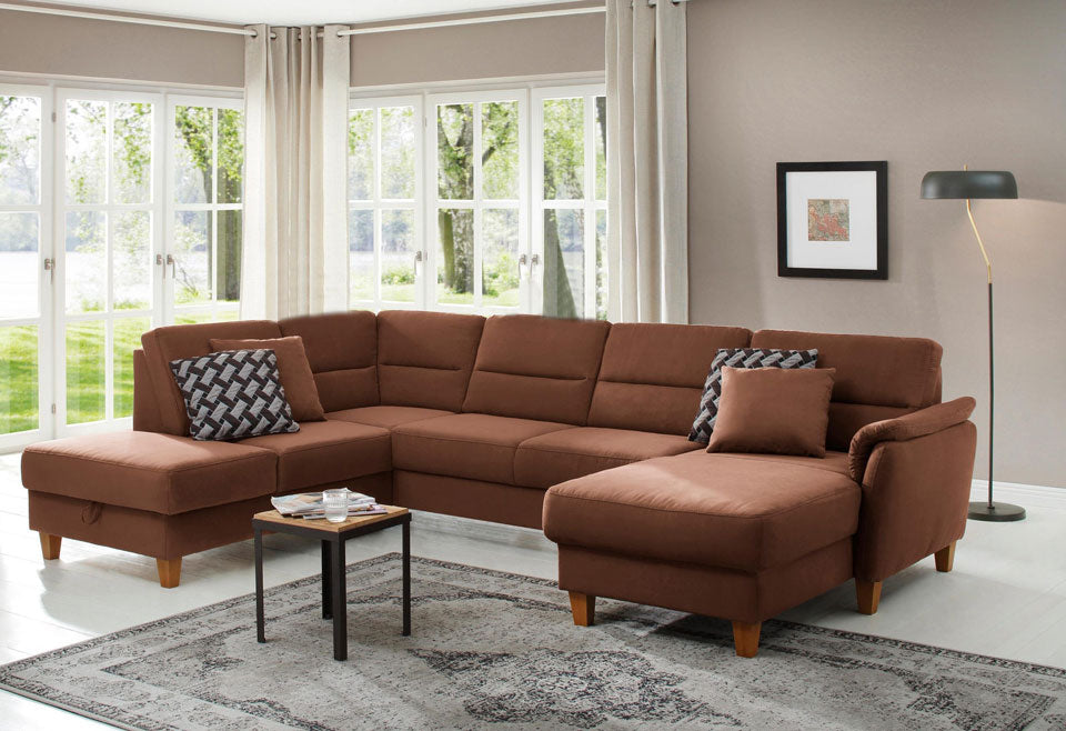 Schicke Wohnlandschaft, Sofa Palmera mit Schlaffunktion und Federkern in pflegeleichtem Microfaser in braun, u-form ist jetzt sofort verfügbar.