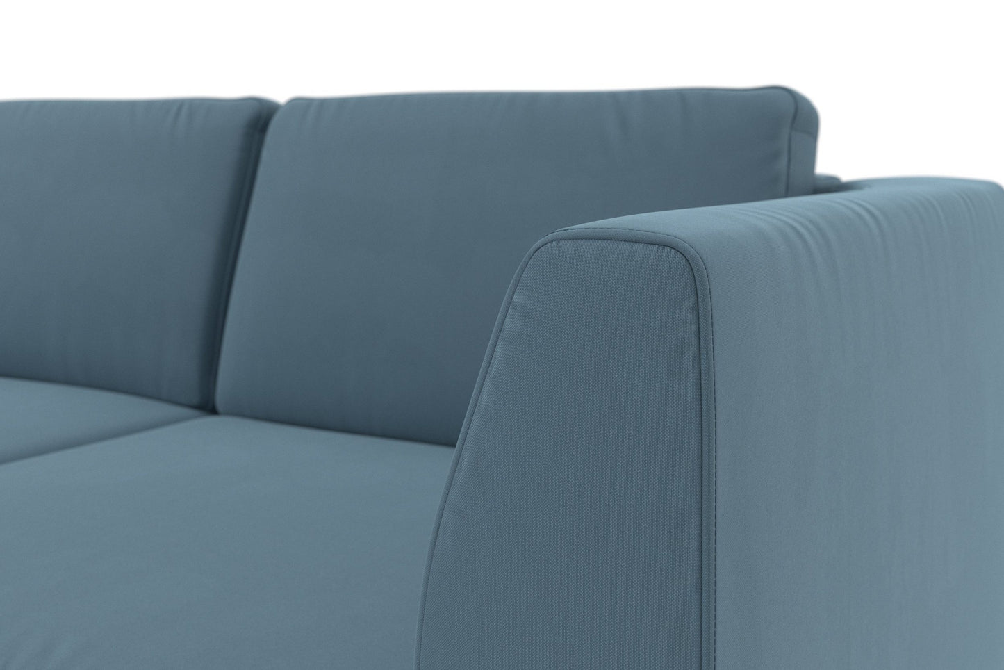 Ecksofa Olsen in Pacific Blau mit Schlaffunktion, Bettkasten, Federkern und Sitztiefenverstellung in pflegeleichtem Flachgewebebezug.