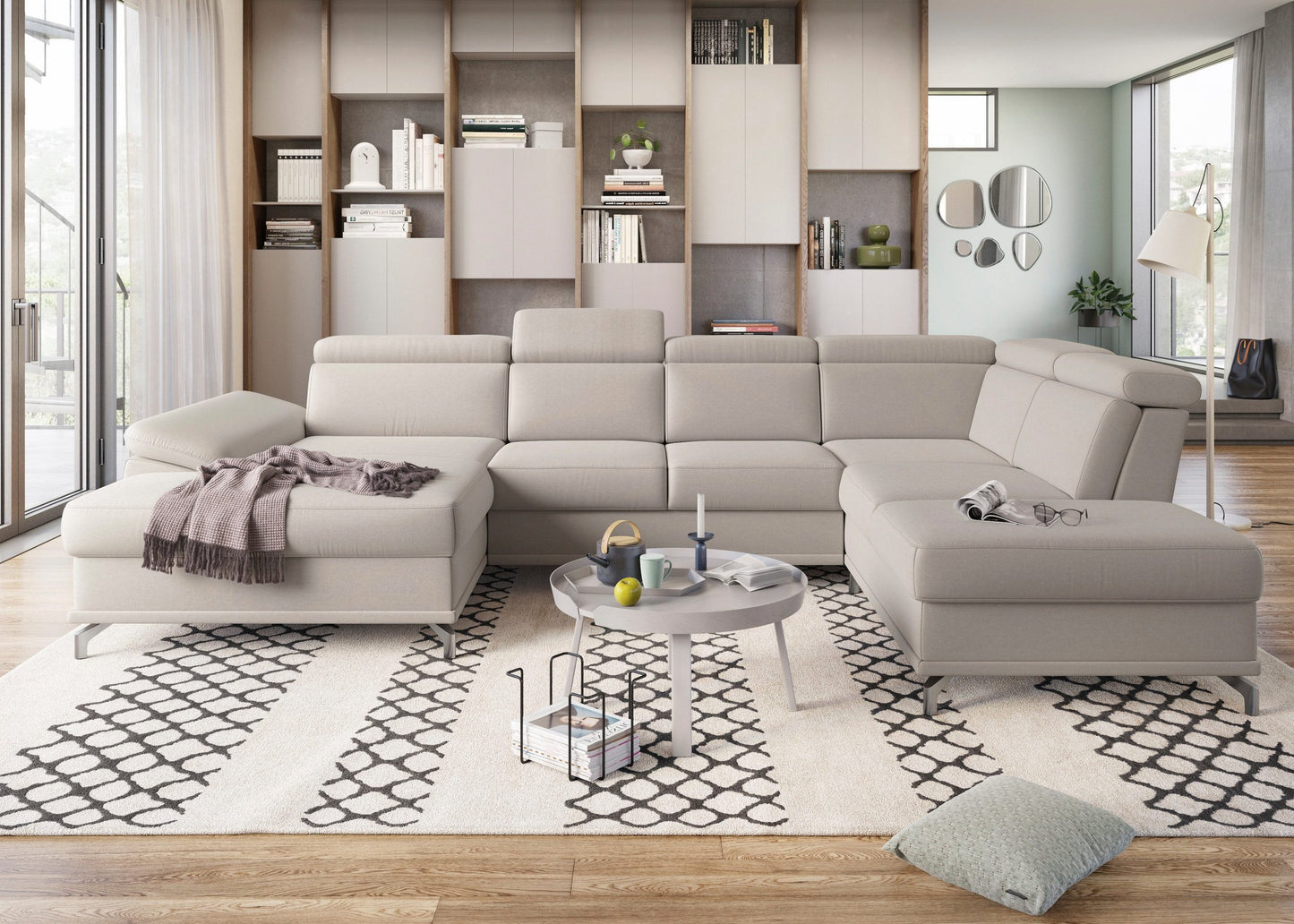 Wohnlandschaft beige mit Federkern, Sitztiefenverstellung und Kopfteilverstellung in Luxus-Microfaser sofort lieferbar.