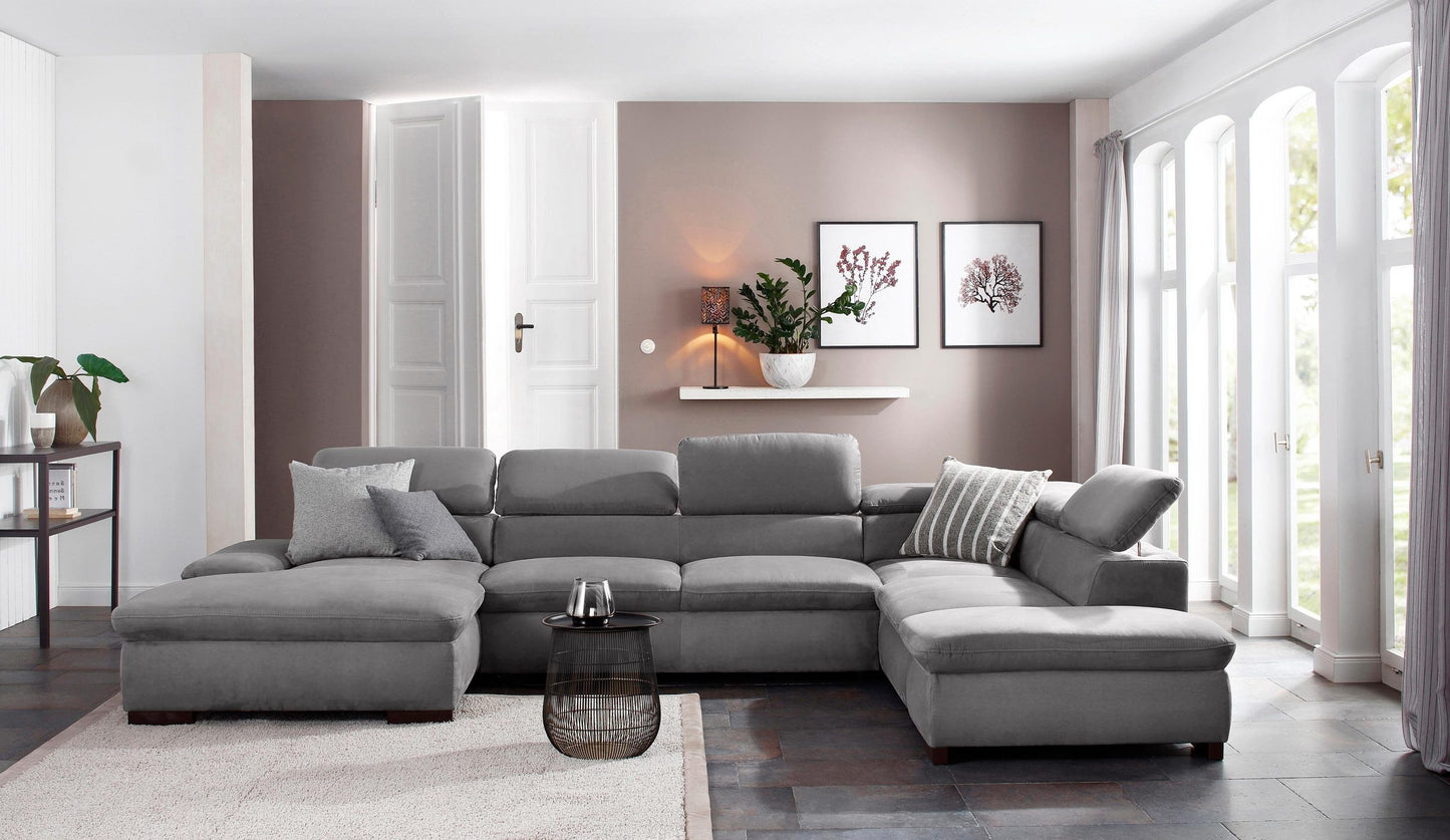 Wohnlandschaft 350 cm Schlaffunktion Grau Luxus-Microfaser B-Ware