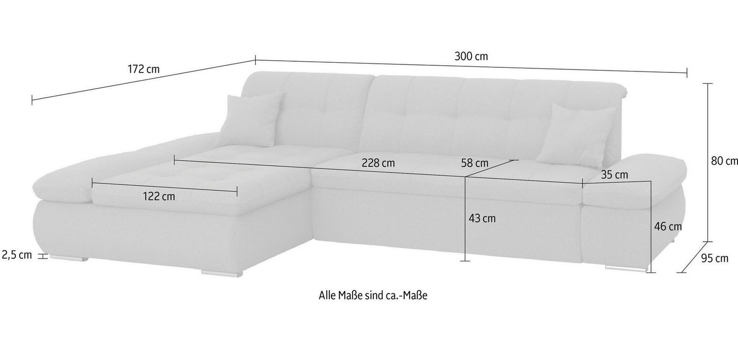 Ecksofa Moric Cord Grau mit Schlaffunktion und Armteilverstellung, Cordsofa, Cordschlafsofa, Couch grau.