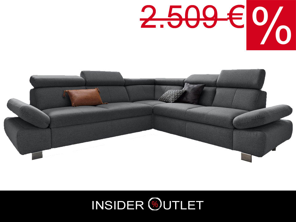 Ecksofa Grau Anthrazit mit Schlaffunktion, Bettkasten, Kopfteil- und Armteilverstellung, Couch Happy.