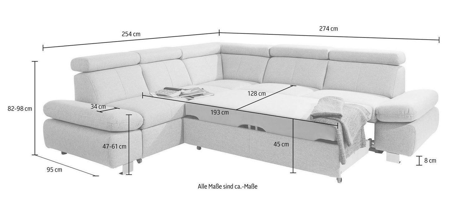 Ecksofa Grau 254x274 cm mit Schlaffunktion, Bettkasten, Armteil- und Kopfteilverstellung Happy Couch OTL - 06