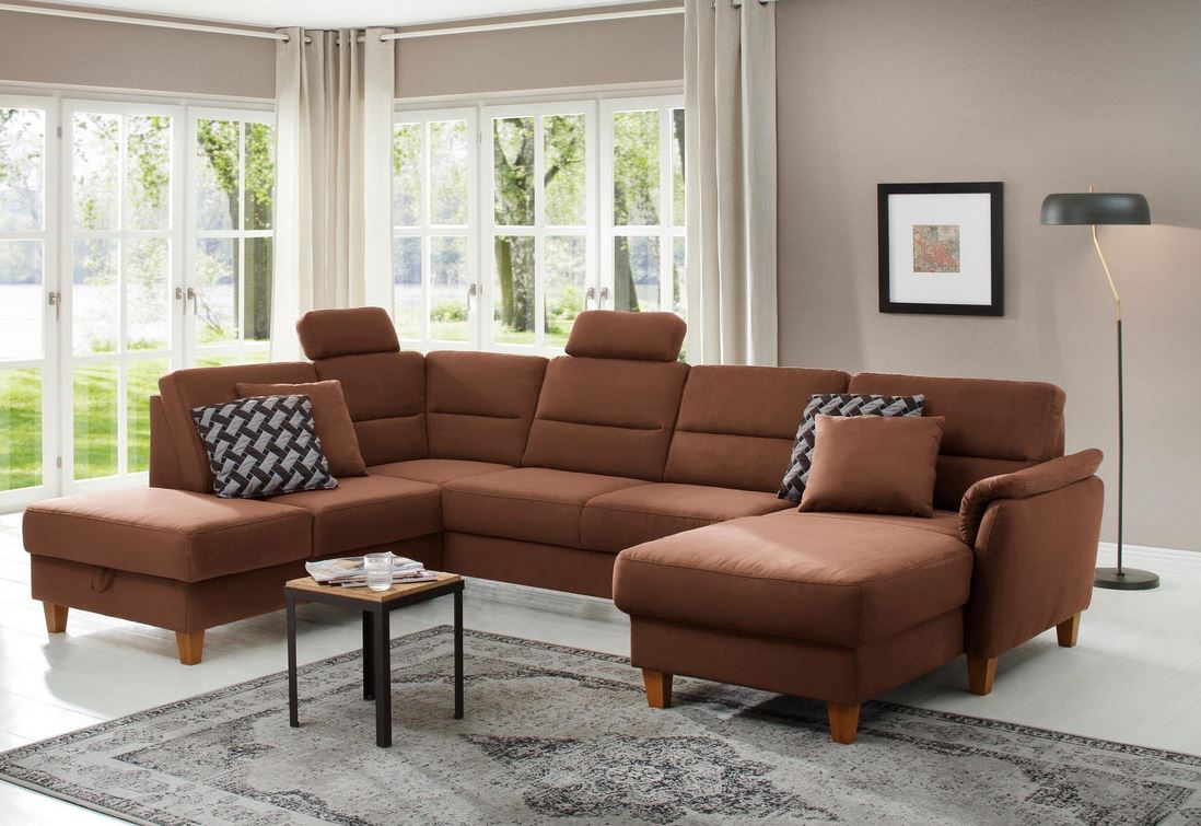 Schicke Wohnlandschaft, Sofa Palmera mit Schlaffunktion und Federkern in pflegeleichtem Microfaser in braun, u-form ist jetzt sofort verfügbar.