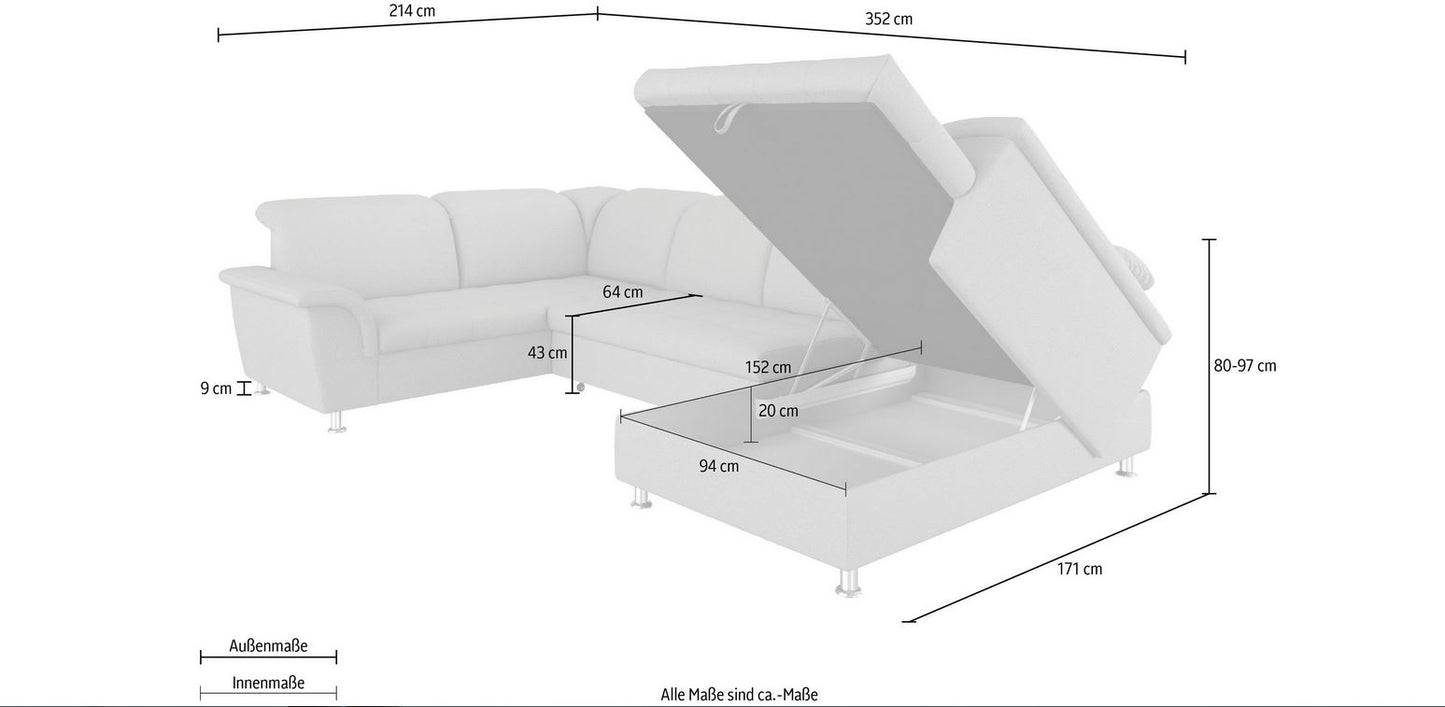 XXL Wohnlandschaft grau 352 cm Schlaffunktion Bettkasten B-Ware