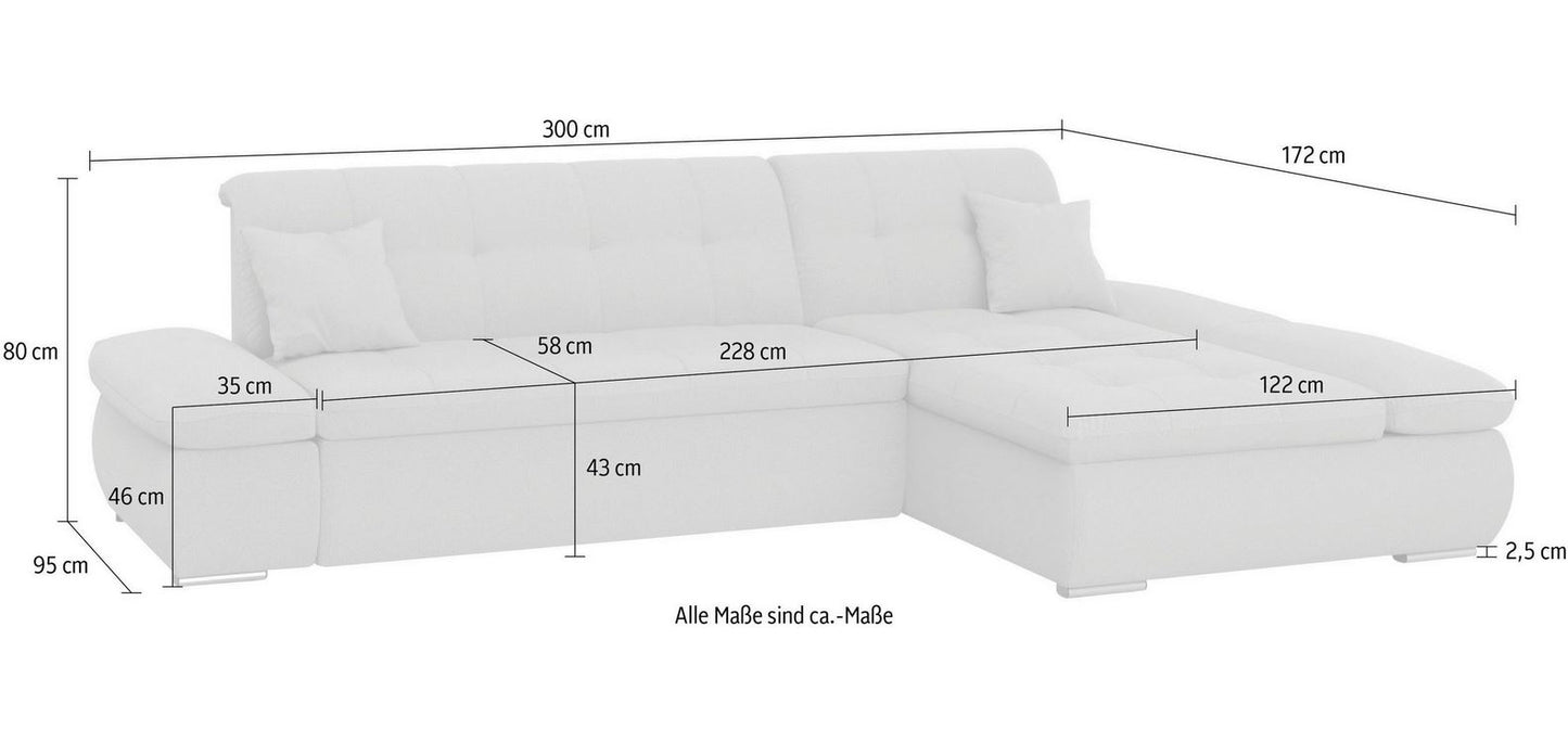 Ecksofa Moric Cord Grau mit Schlaffunktion und Armteilverstellung, Cordsofa, Cordschlafsofa, Couch grau.