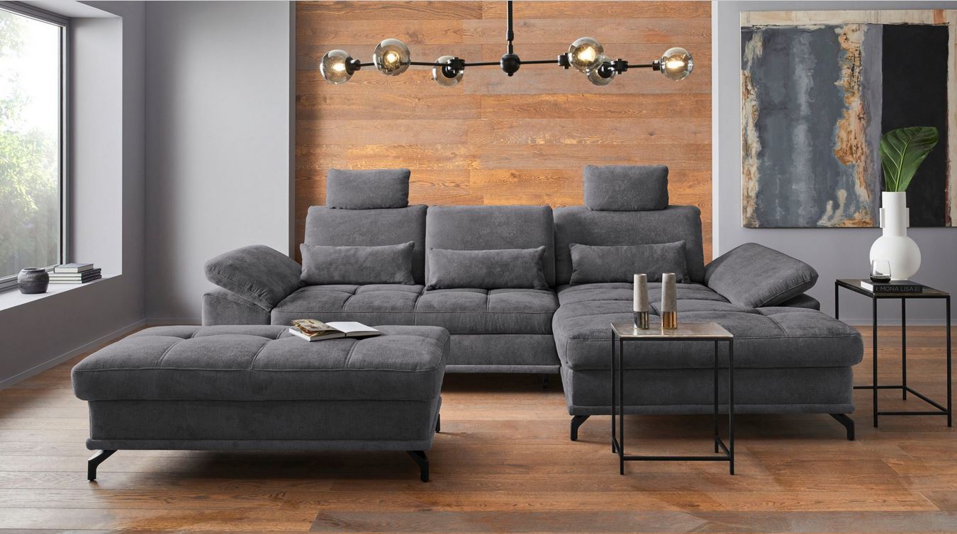 Ecksofa Grau mit Federkern, Sitztiefenverstellung und Armteilverstellung in Luxus-Microfaser Costello, jetzt reduziert im Angebot online bestellen.