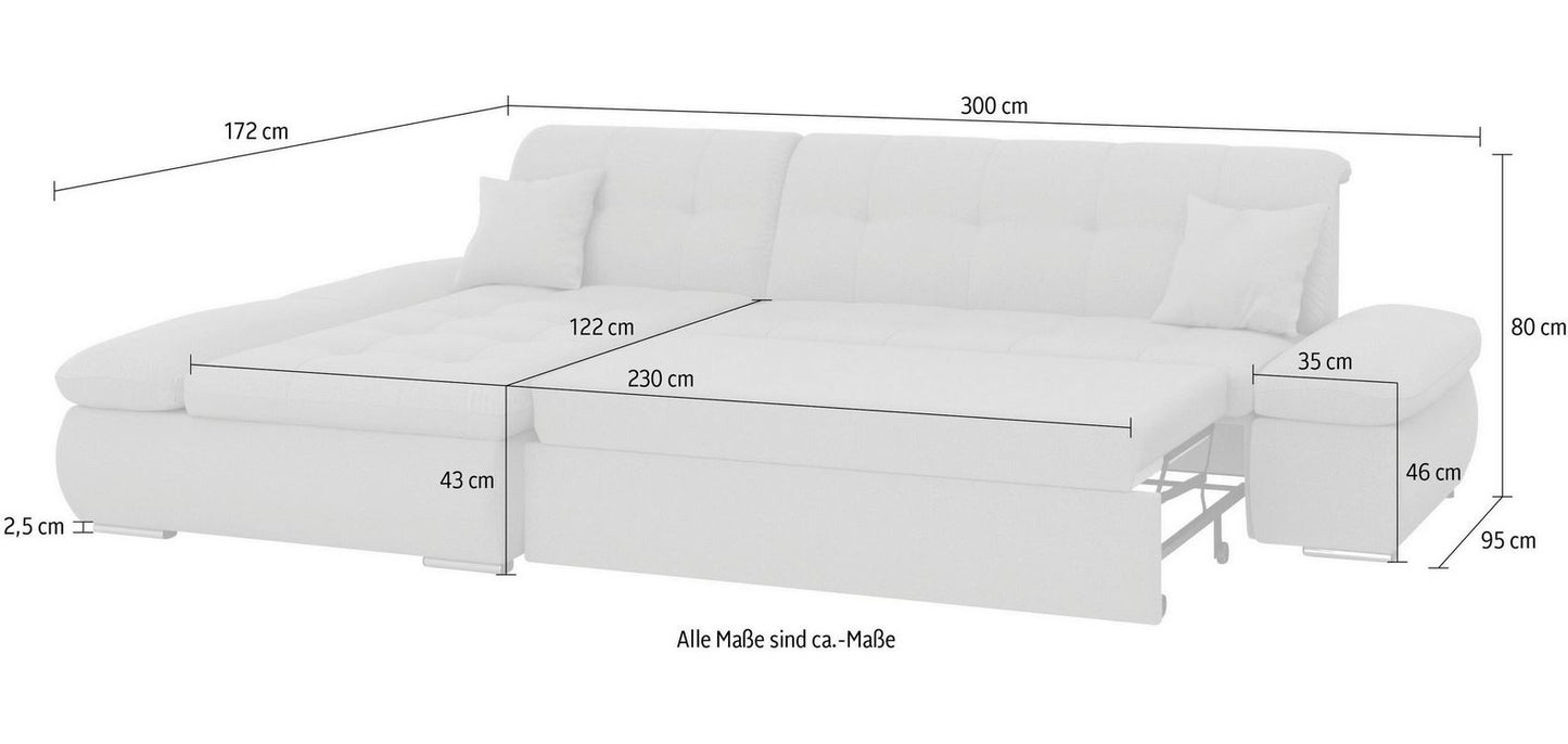 Ecksofa Moric Cord Grau mit Schlaffunktion und Armteilverstellung, Cordsofa, Cordschlafsofa, Couch grau.