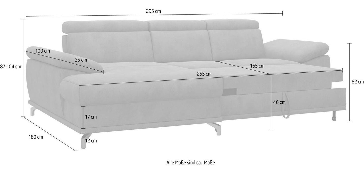 Ecksofa in Grau mit Schlaffunktion, Bettkasten, Federkern und Sitztiefenverstellung, Couch Cabrio in Microfaser.