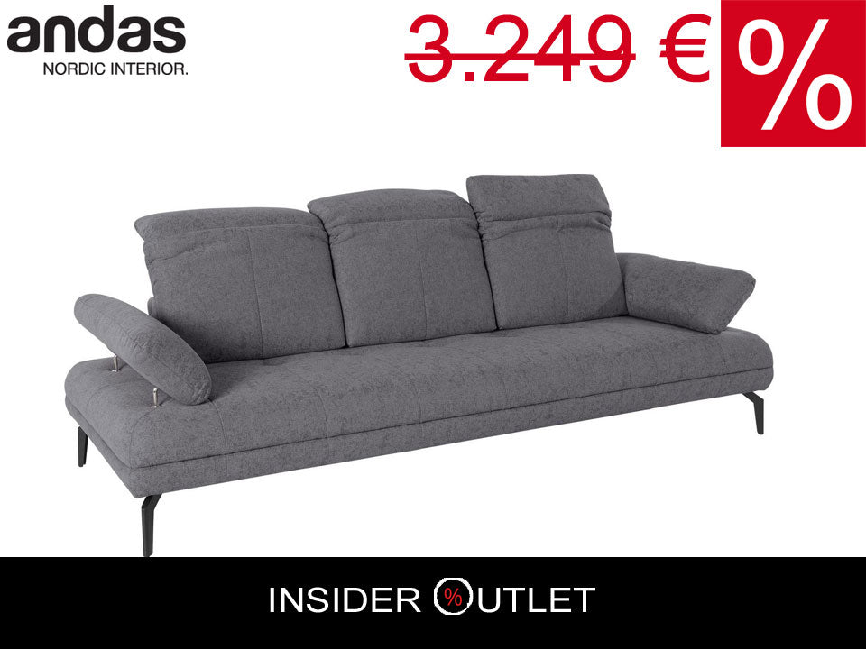 Designer Sofa Grau Stenlille 3-Sitzer Couch mit Sitztiefenverstellung, Kopfteilverstellung und Armteilverstellung in Microfaser.