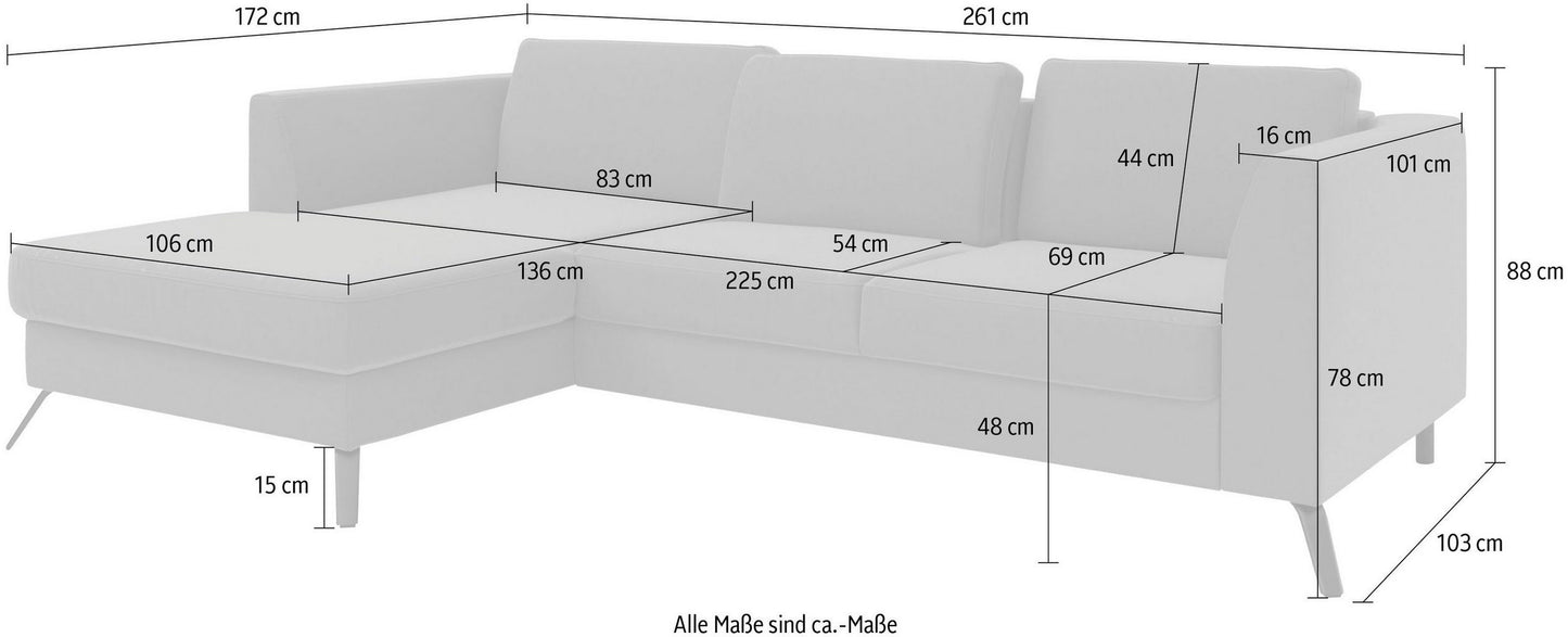Ecksofa Olsen in Pacific Blau mit Schlaffunktion, Bettkasten, Federkern und Sitztiefenverstellung in pflegeleichtem Flachgewebebezug.