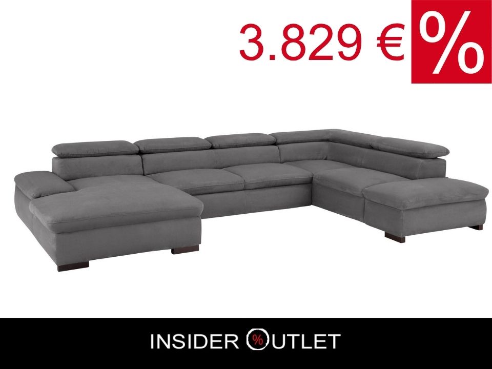 Wohnlandschaft 350 cm Schlaffunktion Grau Luxus-Microfaser B-Ware