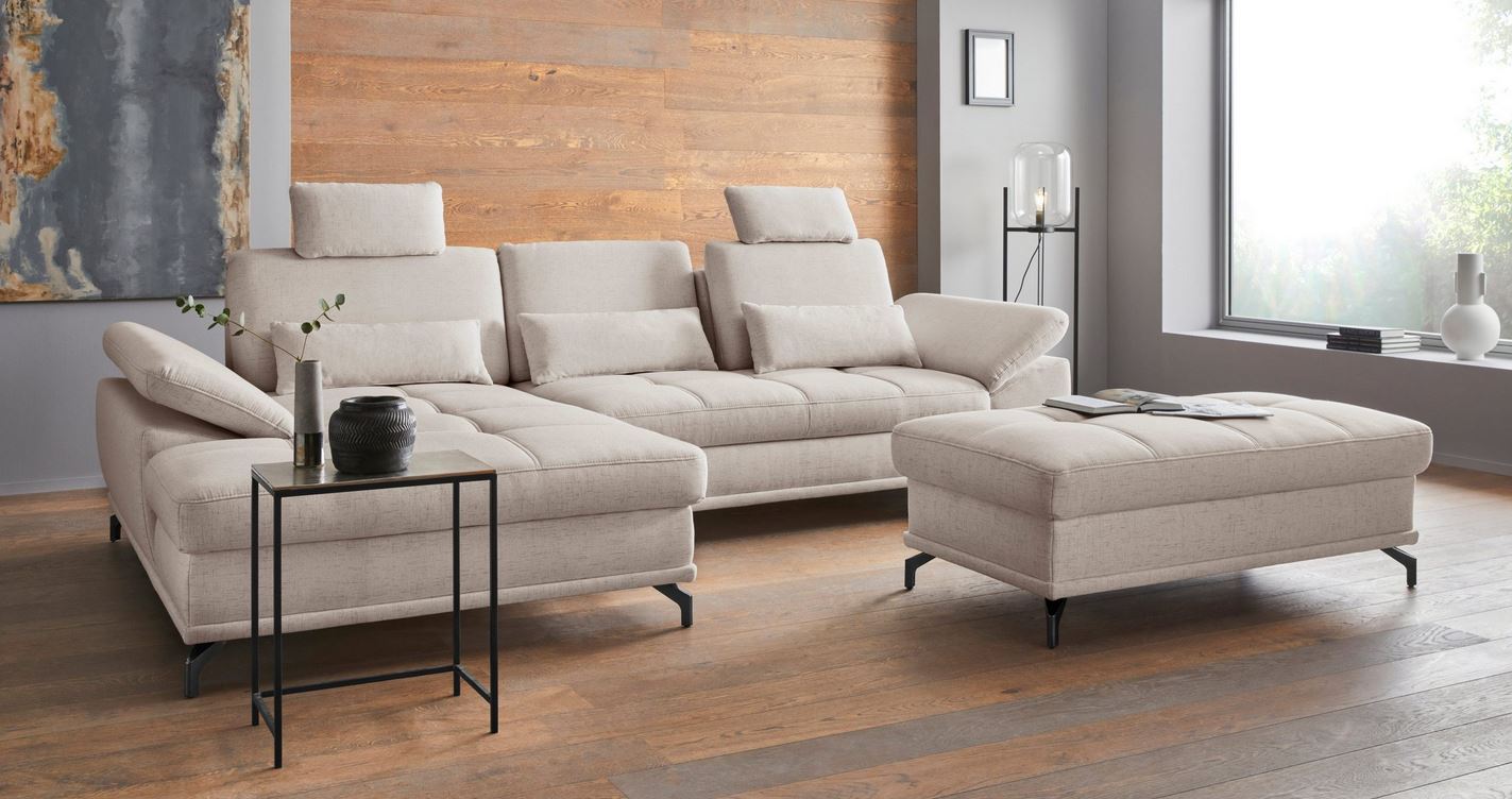 Design Ecksofa in Creme Beige mit Federkern, Sitztiefenverstellung, Armteilverstellung, Eckcouch Costello jetzt online bestellen.